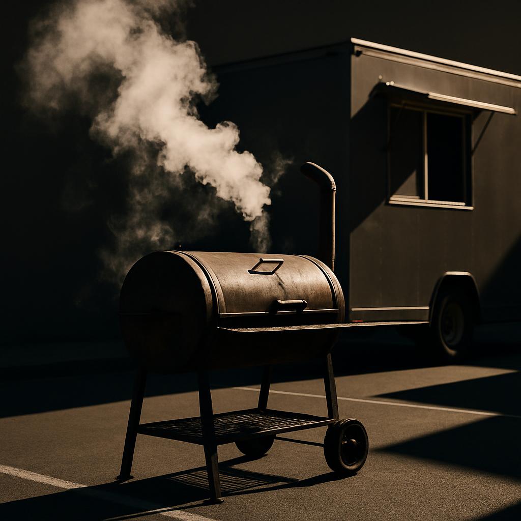 smoke rises from a metal grill outside a food truck