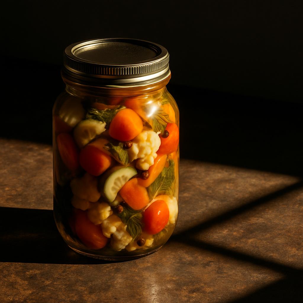 A jar full of vegetables including cauliflower, tomatoes, and carrots. A pickled jar.